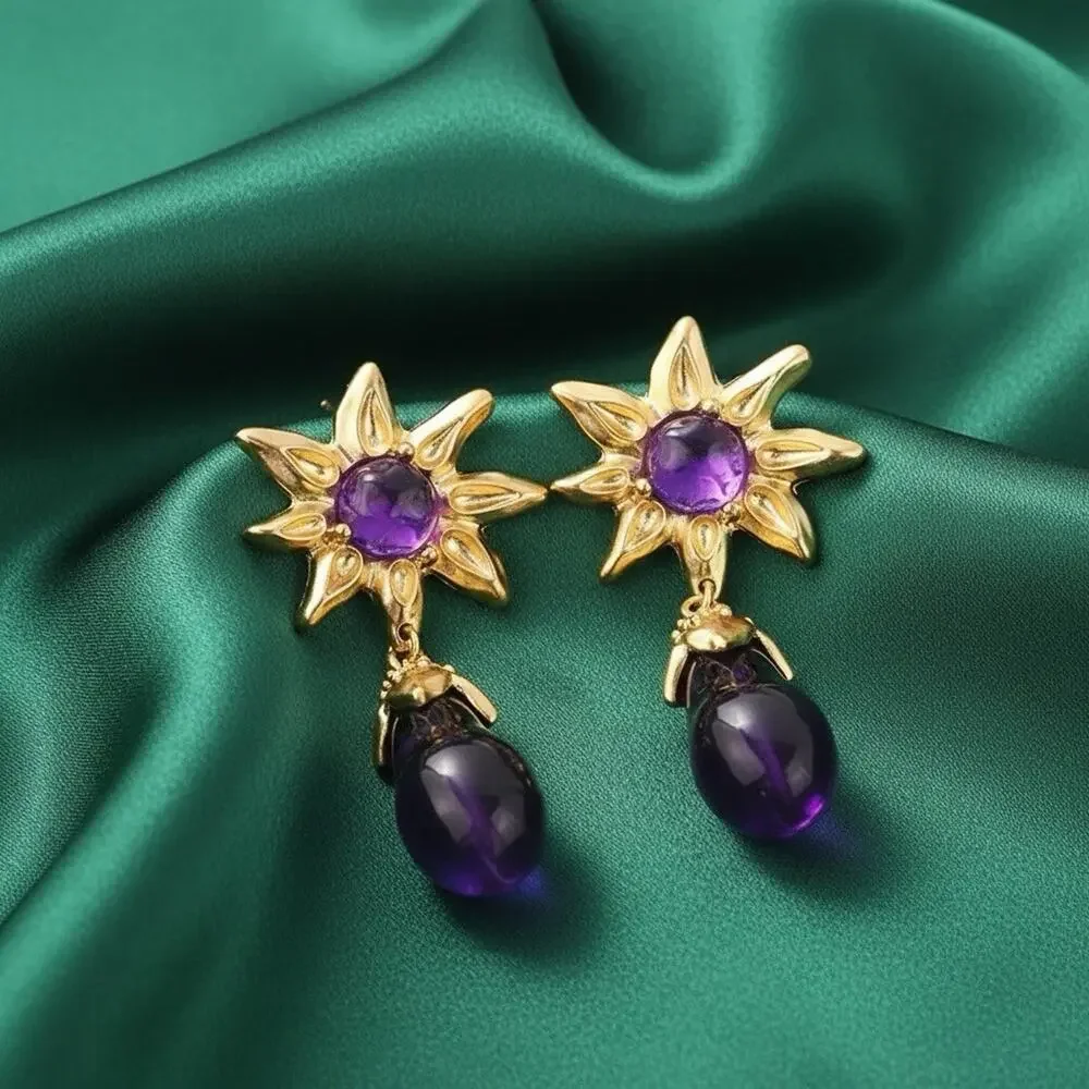 Flower Gold Lucite Earrings Sunflower Star Chunky Statement Boho Clear Cabochon